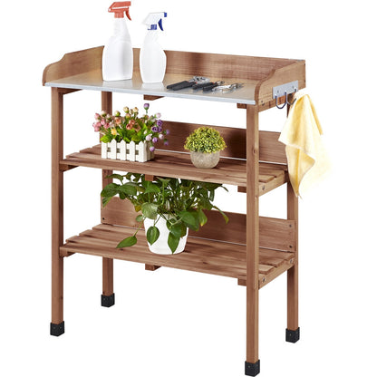 Rolling Potting Bench 3-Tier Wooden Garden Workstation Waist-High Galvanized Metal Top Lockable Casters Side Hooks Shelves for Outdoor Patio Gardening Storage