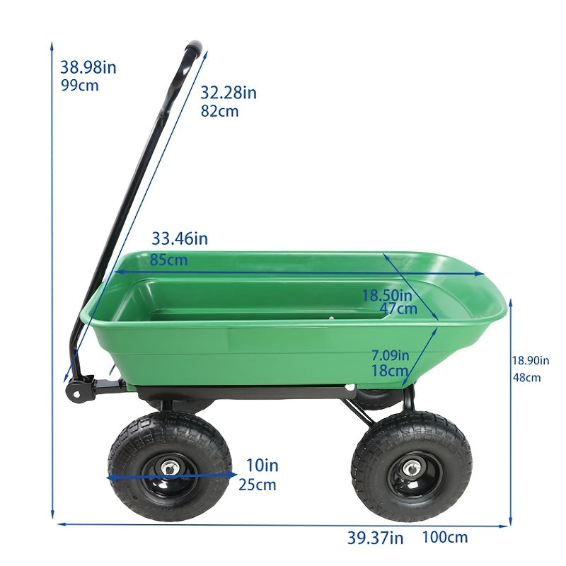 Garden Dump Cart 4-Wheel Heavy Duty Steel Frame Rust-Resistant Poly Bed Quick-Release Dump Feature Foldable D-Handle All-Terrain Yard Wagon for Landscaping Lawn