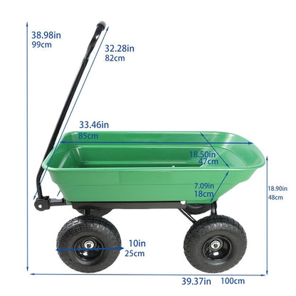 Garden Dump Cart 4-Wheel Heavy Duty Steel Frame Rust-Resistant Poly Bed Quick-Release Dump Feature Foldable D-Handle All-Terrain Yard Wagon for Landscaping Lawn