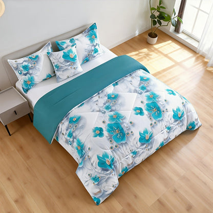 Teal Floral Comforter Set Twin Queen King Gradient Oil Painting Style Botanical Luxury Quilt Bedding Soft Microfiber All Season Bed in a Bag Gift