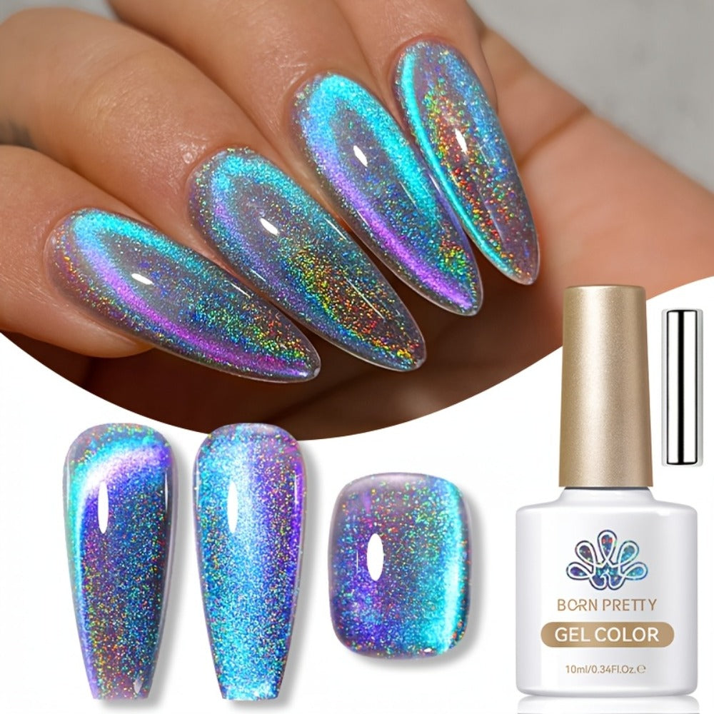 Gel Nail Polish in 10ml 9D Holographic Rainbow Cat-Eye with Magnetic Swirl and UV/LED Cure