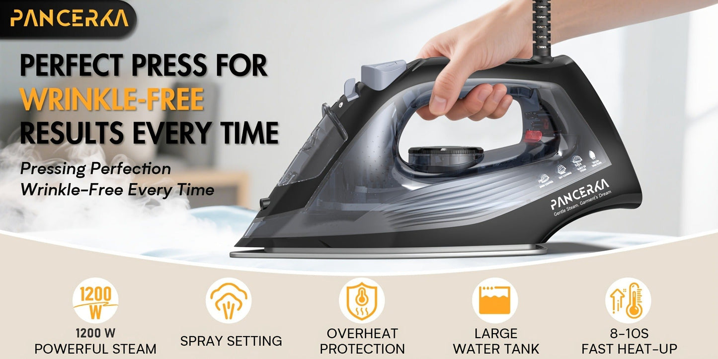 Black 1200W Steam Iron with Three Temperature Settings, Spray Button and Transparent Water Tank