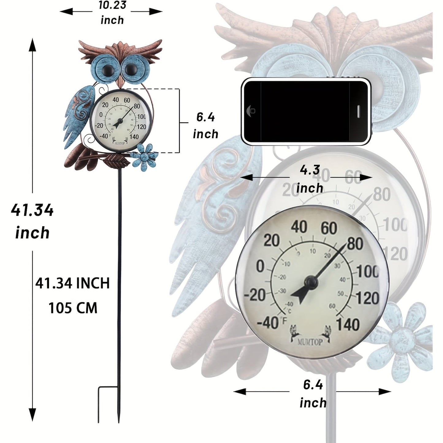 Owl-Shaped Analog Garden Thermometer with Wall Hook and Pictured 41.34-Inch Ground Stake Display Option