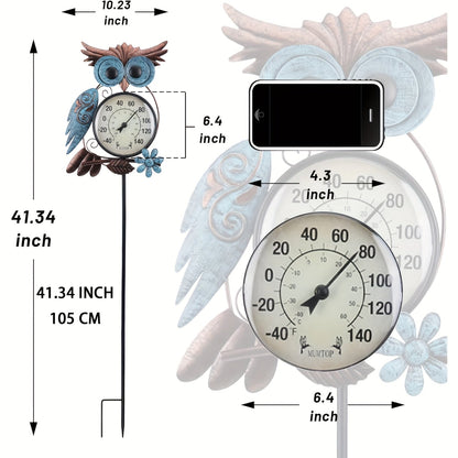 Owl-Shaped Analog Garden Thermometer with Wall Hook and Pictured 41.34-Inch Ground Stake Display Option