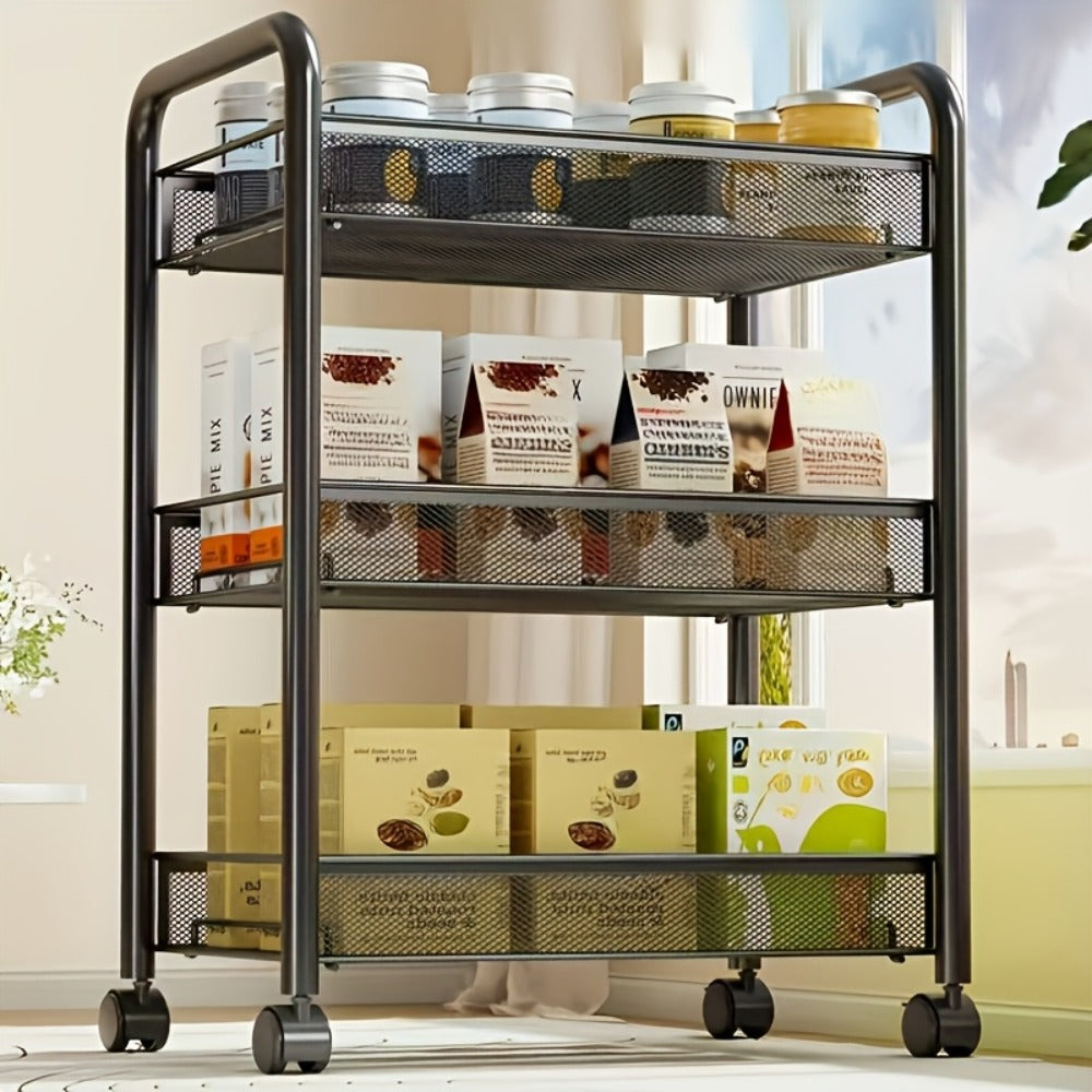 Three-, Four- or Five-Tier Black Carbon Steel Rolling Storage Cart with Detachable Wire Baskets