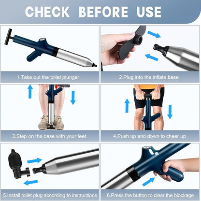 Toilet Plunger Set High Pressure Air Drain Unclogger - Stainless Steel Toilet Snake & Air Discharge Impactor for Clogged Toilet, Kitchen Sink, Bathroom Drain & Pipe Blockage Removal