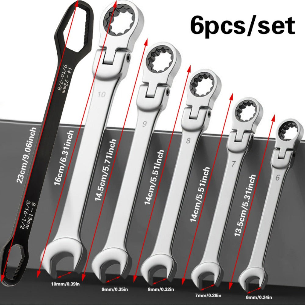 Six-Piece Metric Double-Ended Ratcheting Wrench Set with Flexible Heads, 6–10 mm Sizes and Roll Pouch