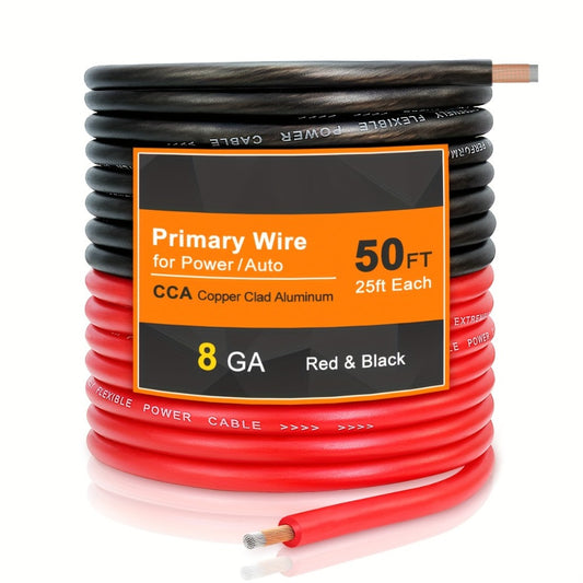 8 Gauge Car Audio Wire 50ft CCA – 25ft Red Power + 25ft Black Ground Cable, Flexible PVC Jacket, Anti-Oxidation, for Amplifier Speaker Battery Automotive Marine Wiring