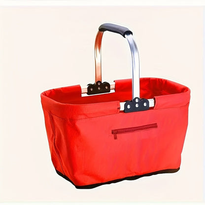 Foldable Insulated Picnic Tote Basket with Oxford Cloth Body, Aluminum Frame and Zippered Pocket