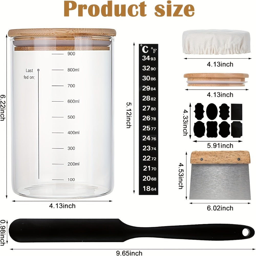 Sourdough Starter Jar 24oz with Lid & Accessories Kit | Glass Bread Starter Container with Silicone Scraper, Thermometer Strip, Date Feeding Band, Cloth Cover & Wood Lid – Reusable Fermentation Jar