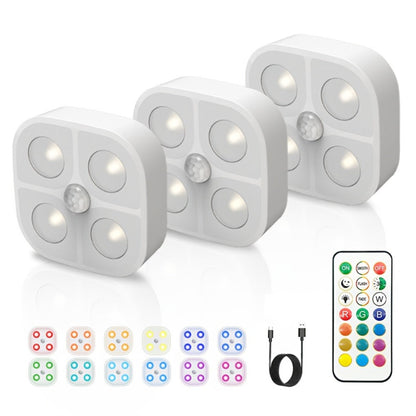 Puck Lights Rechargeable RGB with Charging Station - Motion Sensor Under Cabinet Lighting, Wireless LED Closet Lights with Remote Control, Color Changing Night Light for Hallway Stairway Bathroom Bedroom Kitchen, 3/4/6 Pack