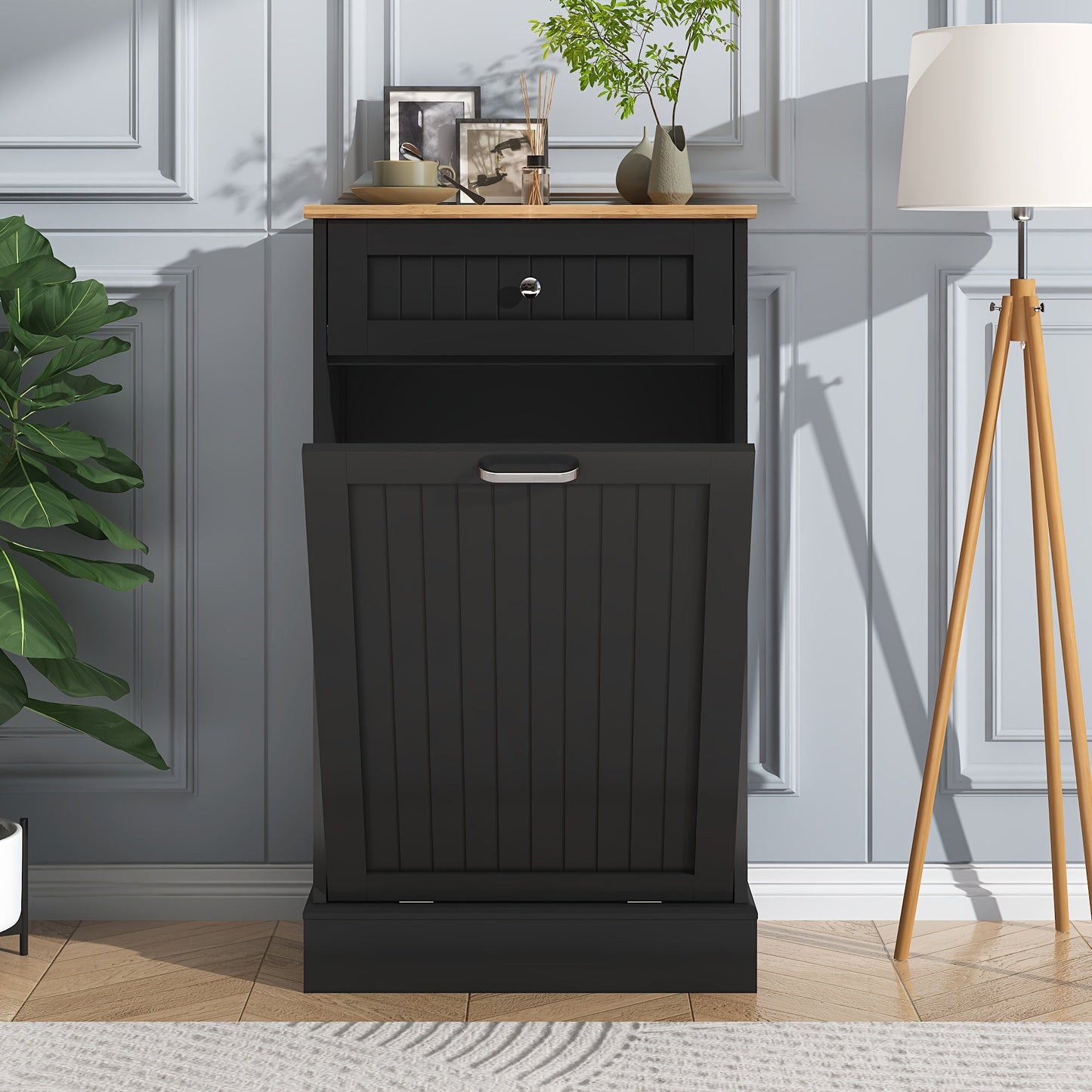 Tilt Out Trash Cabinet Freestanding Kitchen Garbage Cabinet with Cutting Board & Drawer – Wood Hideaway Recycling Station, Fits 10 Gal, Black/White