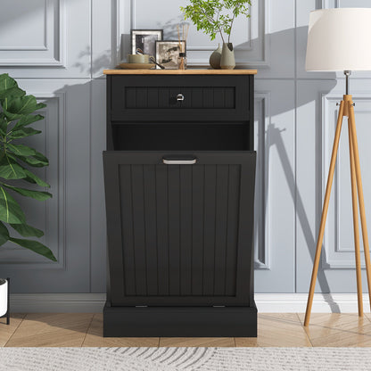 Tilt Out Trash Cabinet Freestanding Kitchen Garbage Cabinet with Cutting Board & Drawer – Wood Hideaway Recycling Station, Fits 10 Gal, Black/White