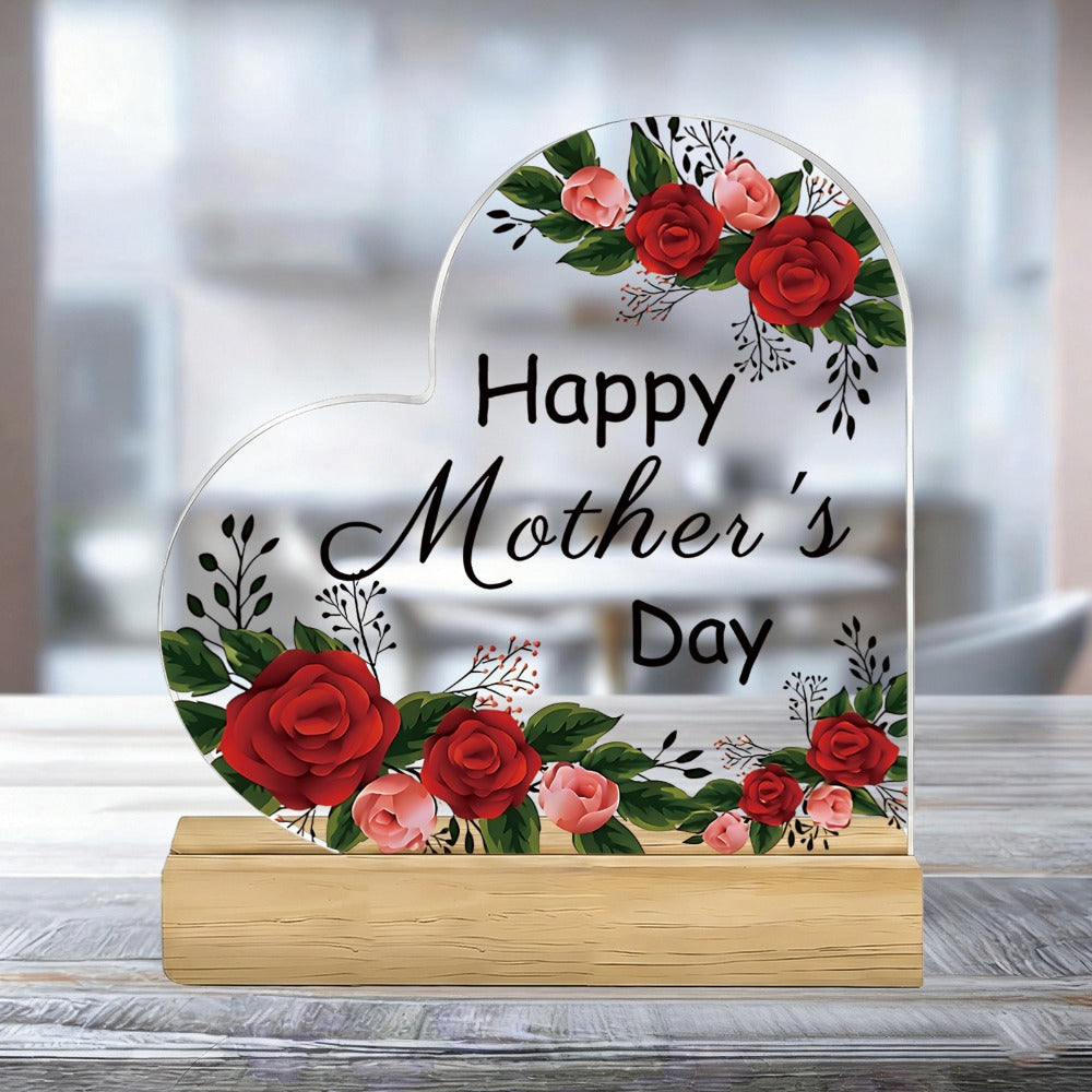 Mother's Day Heart-Shaped Acrylic Sign with Floral Print, 10.8 cm Height and Freestanding Wooden Base