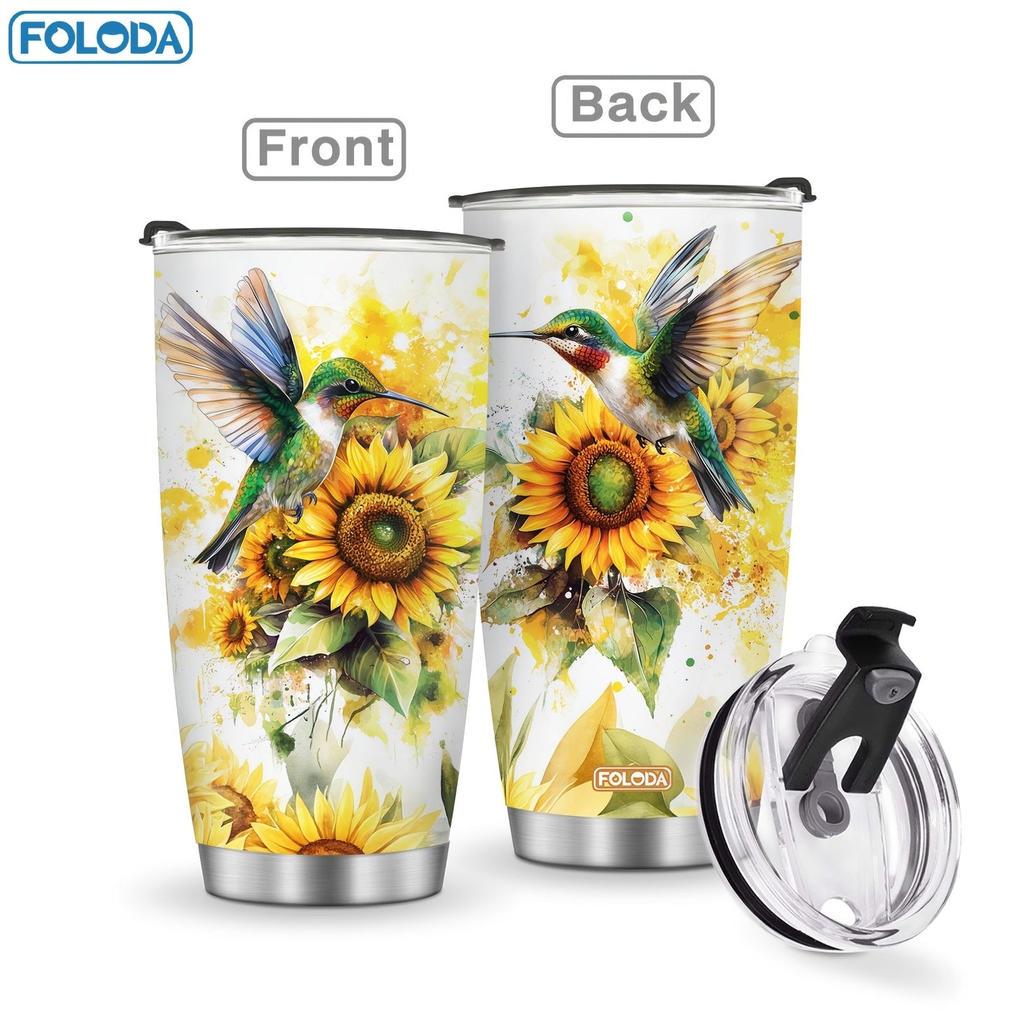 Twenty-Ounce Hummingbird and Flower Travel Tumblers in Ten Exact Printed Design Configurations