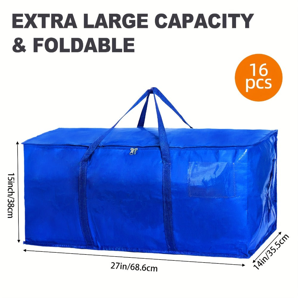 Heavy Duty Moving Bags with Handles & Zippers – Extra Large Waterproof Storage Bags for Moving, Clothes & Closet Organization (6pcs 26.42gal or 16pcs Set, Blue)