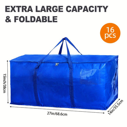 Heavy Duty Moving Bags with Handles & Zippers – Extra Large Waterproof Storage Bags for Moving, Clothes & Closet Organization (6pcs 26.42gal or 16pcs Set, Blue)