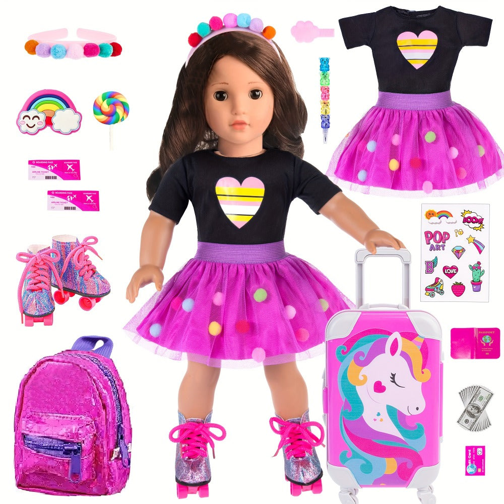 25-Piece Doll Travel Accessories Set for 18-Inch Dolls with Unicorn Suitcase, Backpack, Outfit and Roller Skates