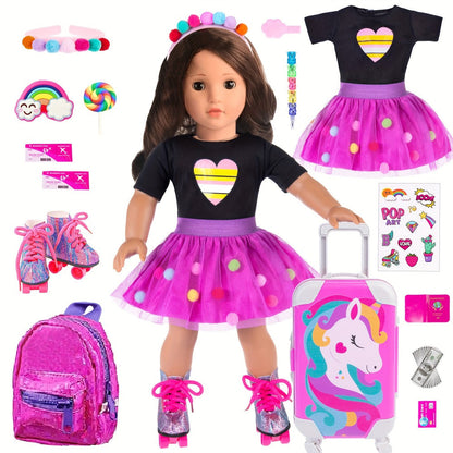 25-Piece Doll Travel Accessories Set for 18-Inch Dolls with Unicorn Suitcase, Backpack, Outfit and Roller Skates