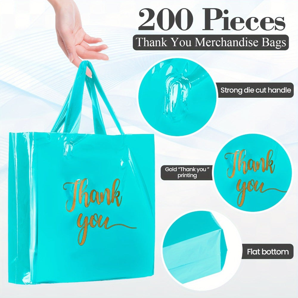 Sky Blue Thank You Plastic Shopping Bags, 200-Piece Set in 9 x 12, 12 x 15 and 15 x 18 Inch Sizes with Handles