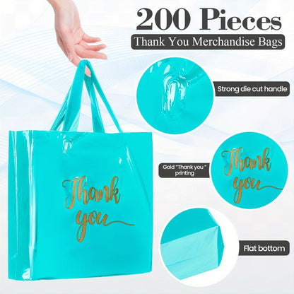 Sky Blue Thank You Plastic Shopping Bags, 200-Piece Set in 9 x 12, 12 x 15 and 15 x 18 Inch Sizes with Handles
