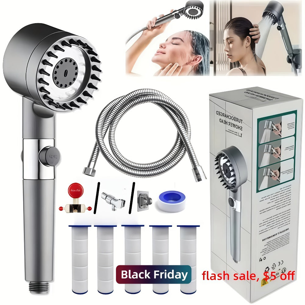 Nine-Piece Handheld Shower Head Set with Three Spray Modes, 59-Inch Hose, Five Cartridges and Wall Bracket