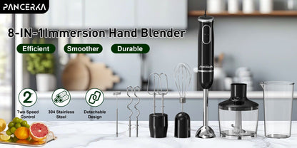Black 8-in-1-Labeled Immersion Blender Set with 600ml Chopper, Dough Hooks, Whisk and Frother