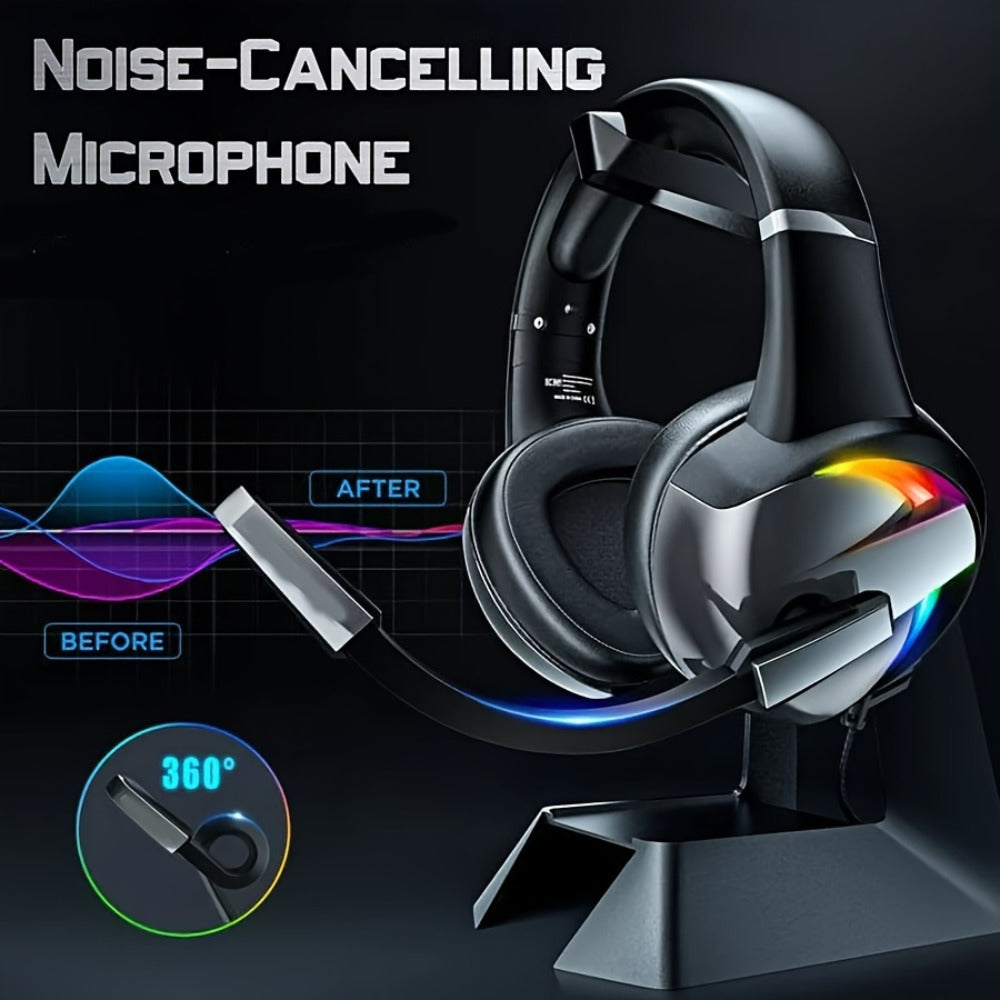 Black Wired Gaming Headset with Boom Microphone, RGB-Style Earcup Lighting and Inline Cable Controls
