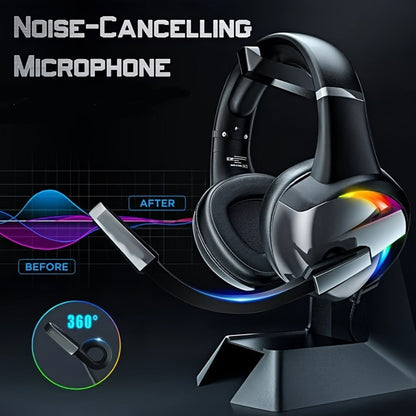 Black Wired Gaming Headset with Boom Microphone, RGB-Style Earcup Lighting and Inline Cable Controls