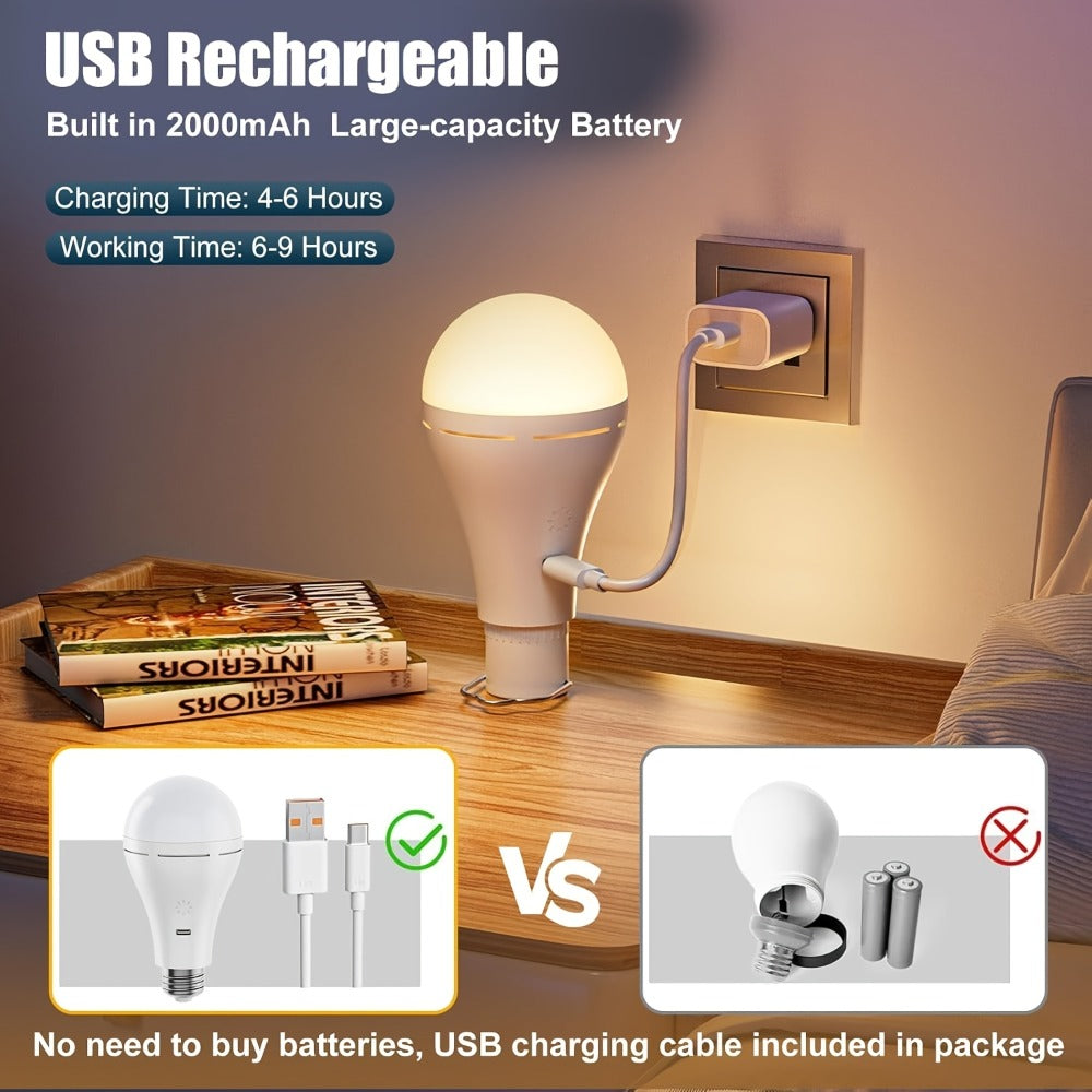 USB-Rechargeable E26 LED Light Bulbs, Two-Pack with Remote, Hanging Hooks, Three Color Controls and Timer Buttons