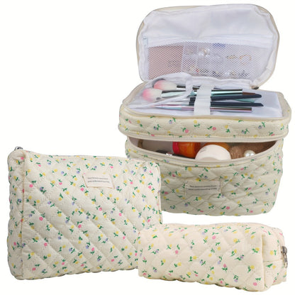 Makeup Bag – Set 3 PCS Quilted Cotton Dual Layer Large Capacity Floral Coquette Aesthetic Travel Cosmetic Bag Women Toiletry Organizer…