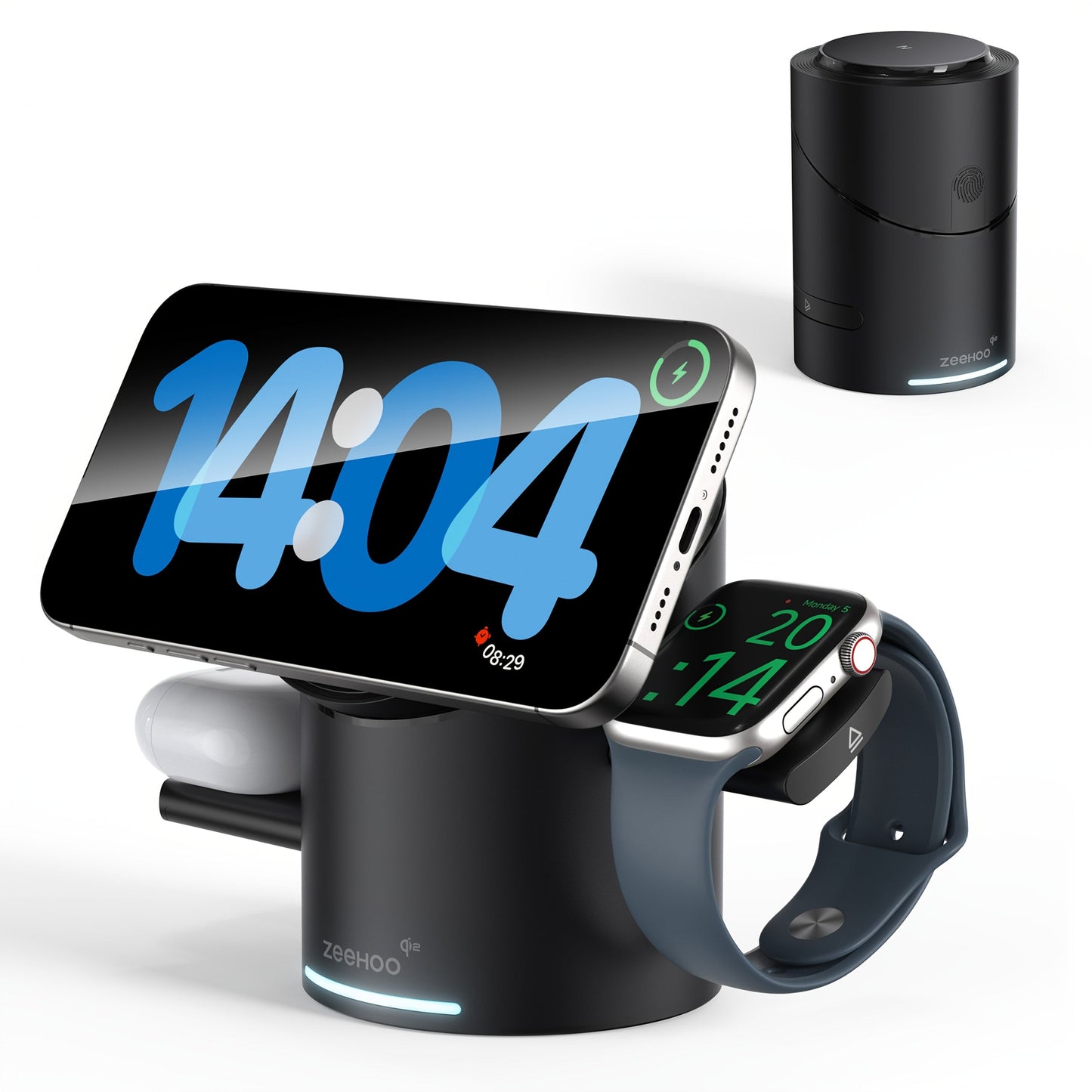 Wireless Charging Station, ZEEHOO CylinTrick-R Qi2-Marked 15W Rotating 3-in-1 Stand in White or Black