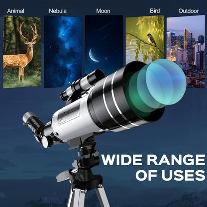 70mm Aperture Telescope 150X for Adults & Kids – Portable Astronomical Telescope with Tripod, Phone Holder, Barlow Lens & Eyepiece, Best Gift for Stargazing, Nature & Education