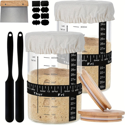 Sourdough Starter Jar 24oz with Lid & Accessories Kit | Glass Bread Starter Container with Silicone Scraper, Thermometer Strip, Date Feeding Band, Cloth Cover & Wood Lid – Reusable Fermentation Jar