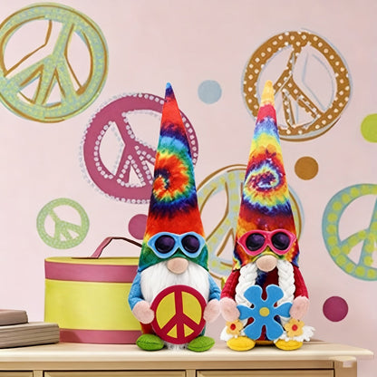 Hippie Gnomes Decorations 2 Pack – Groovy Tie Dye Tomte Figurines with Peace Sign & Fashion Glasses, 13.5" Swedish Gnome Shelf Sitters for Farmhouse, Christmas, Halloween & Party Decor