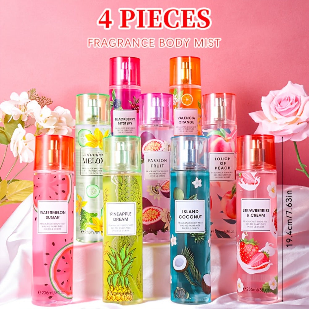 Body Spray for Women 4-Pack 8.4oz Each Hair Body Fragrance Mist Set 20 Floral Fruity Scents Daily Use Gift Value Bundle 250ml Per Bottle