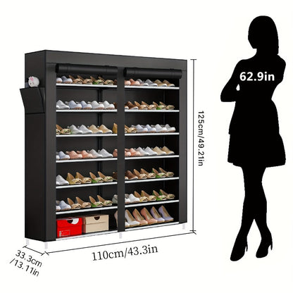 Shoe Rack 9-Tier Portable Double-Row Organizer for Up to 42 Pairs with Black Nonwoven Fabric Cover