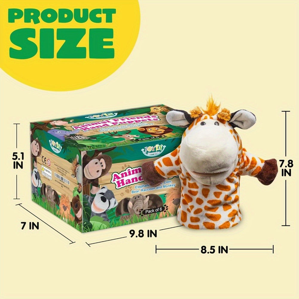 Six-Piece Zoo Animal Hand Puppet Set with Brown, Orange, Spotted and Gray Character Designs