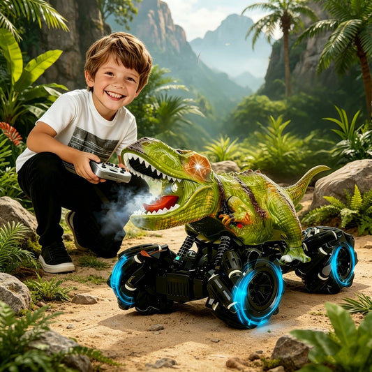 RC Monster Truck Dinosaur 2.4GHz 4WD Off-Road Remote Control Car with LED Lights Music Large Tires All-Terrain Stunt Vehicle Gift for Boys Girls Kids Ages 6+