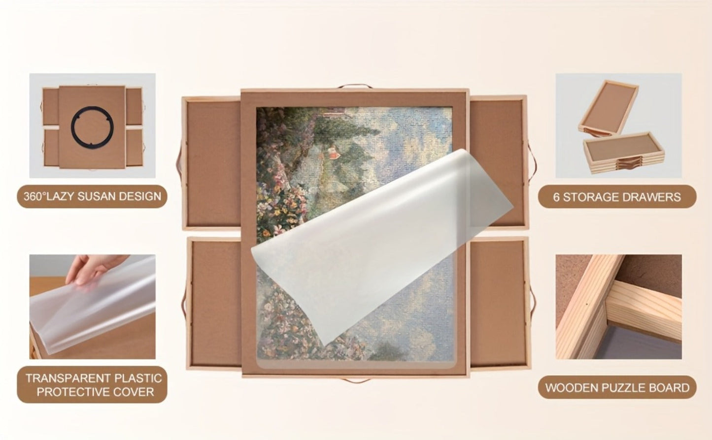 Rotating Wood-Look Puzzle Board with Six Sorting Drawers, Clear Cover and 35 x 27-Inch Surface