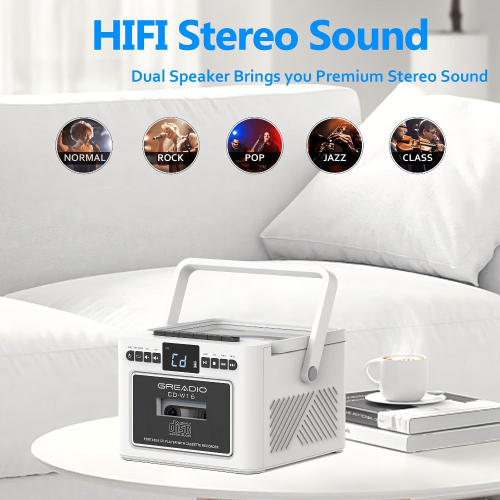 Portable CD and Cassette Player with FM Radio, Tape Recording, AUX, SD, USB and 3.5 mm Audio Connections