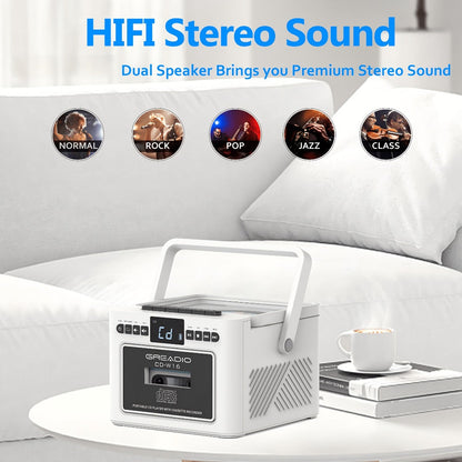 Portable CD and Cassette Player with FM Radio, Tape Recording, AUX, SD, USB and 3.5 mm Audio Connections