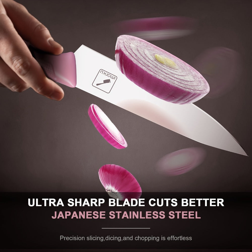 Kitchen Knife Set by imarku, 14-Piece Pink Stainless Steel Block with Six Steak Knives, Shears and Built-In Sharpener