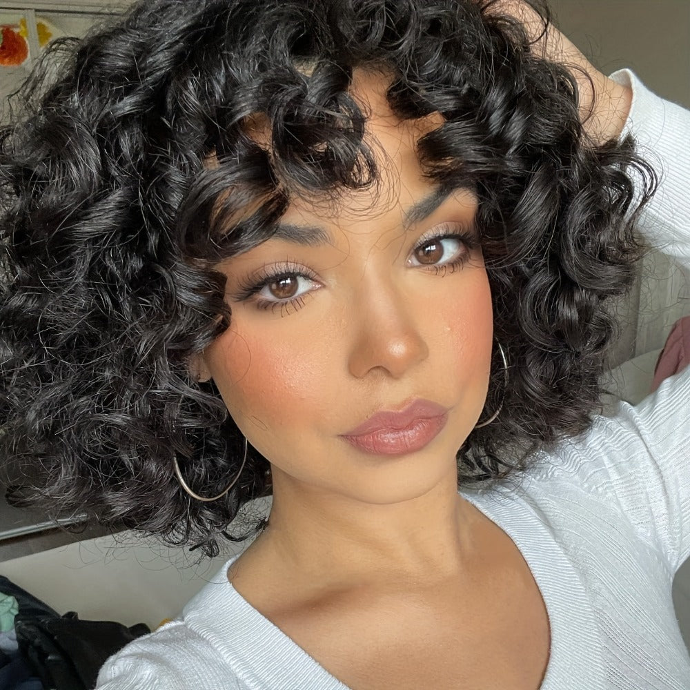 Kinky Curly Afro Wig with Bangs 14 Inch Synthetic Ombre 2 Tone Black Brown Golden Natural Volume | Daily Wear Hair Replacement Wig for Black Women