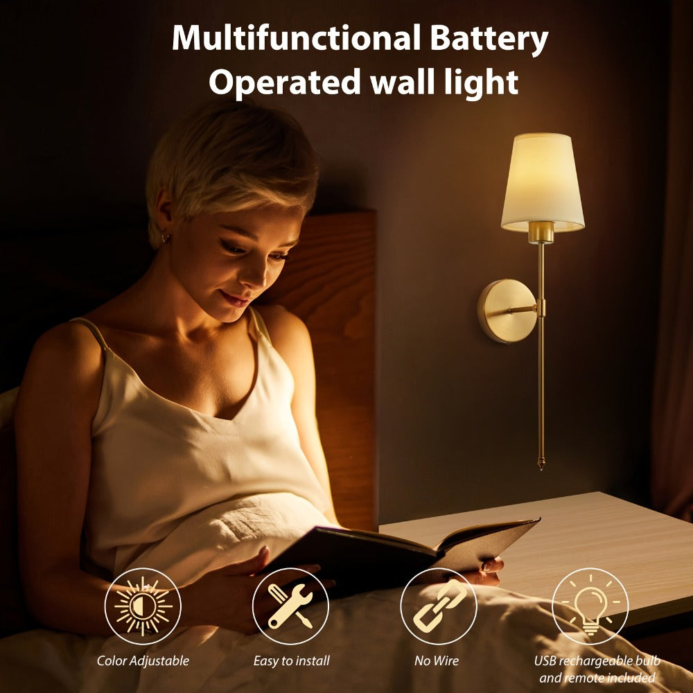 Rechargeable Two-Piece Wall Sconce Set with Fabric Shades, 15-Color RGB Bulbs and Remote in Gold or Black