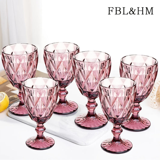 Vintage Wine Glasses Set of 6 Colored Stemmed Goblets 11.5oz – Amber Flower Pattern Clear Glass Water Cups for Wedding Party Bar Table Glassware Gift