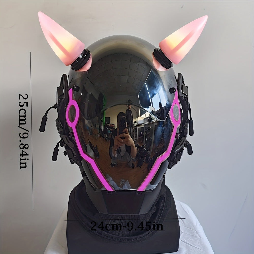 Pink LED Cyberpunk Costume Mask with Horned Full-Face Helmet, Reflective Visor and Lighted Accent Lines