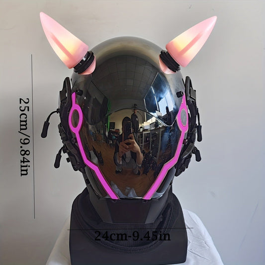Electric Pink Punk Cosplay Mask with Helmet – Battery-Powered LED Full Face Mask for Halloween, Christmas, Easter, Rave Music Festival & Party, Unisex Adult Costume Prop, Cool Gift for Men & Women