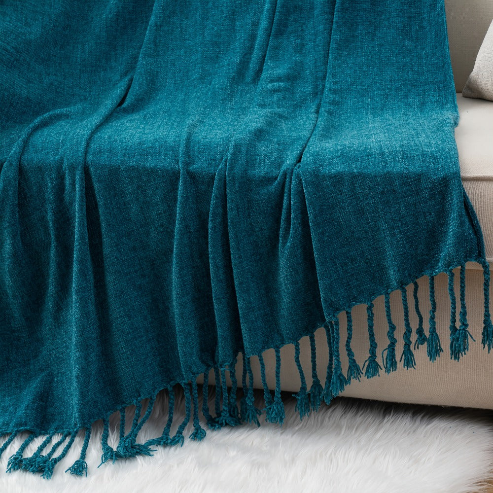 Chenille Fringe Throw Blanket – 180-200gsm Velvety Soft Decorative Throw for Sofa & Couch, Home Decor, 50”×60”, 17 Colors