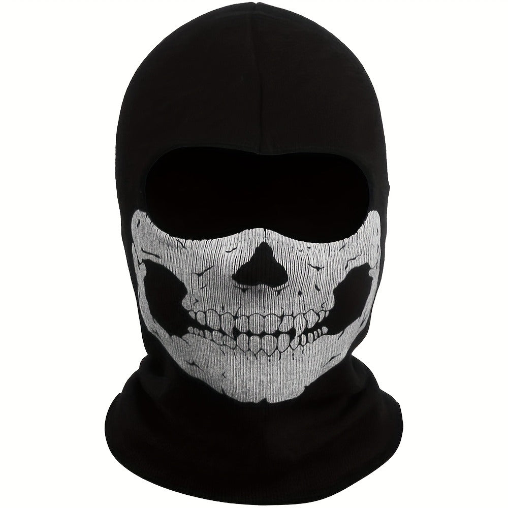 Printed Skull Balaclava Mask in Two Black Designs, Full-Face Stretch Fabric for Adult Costume Wear